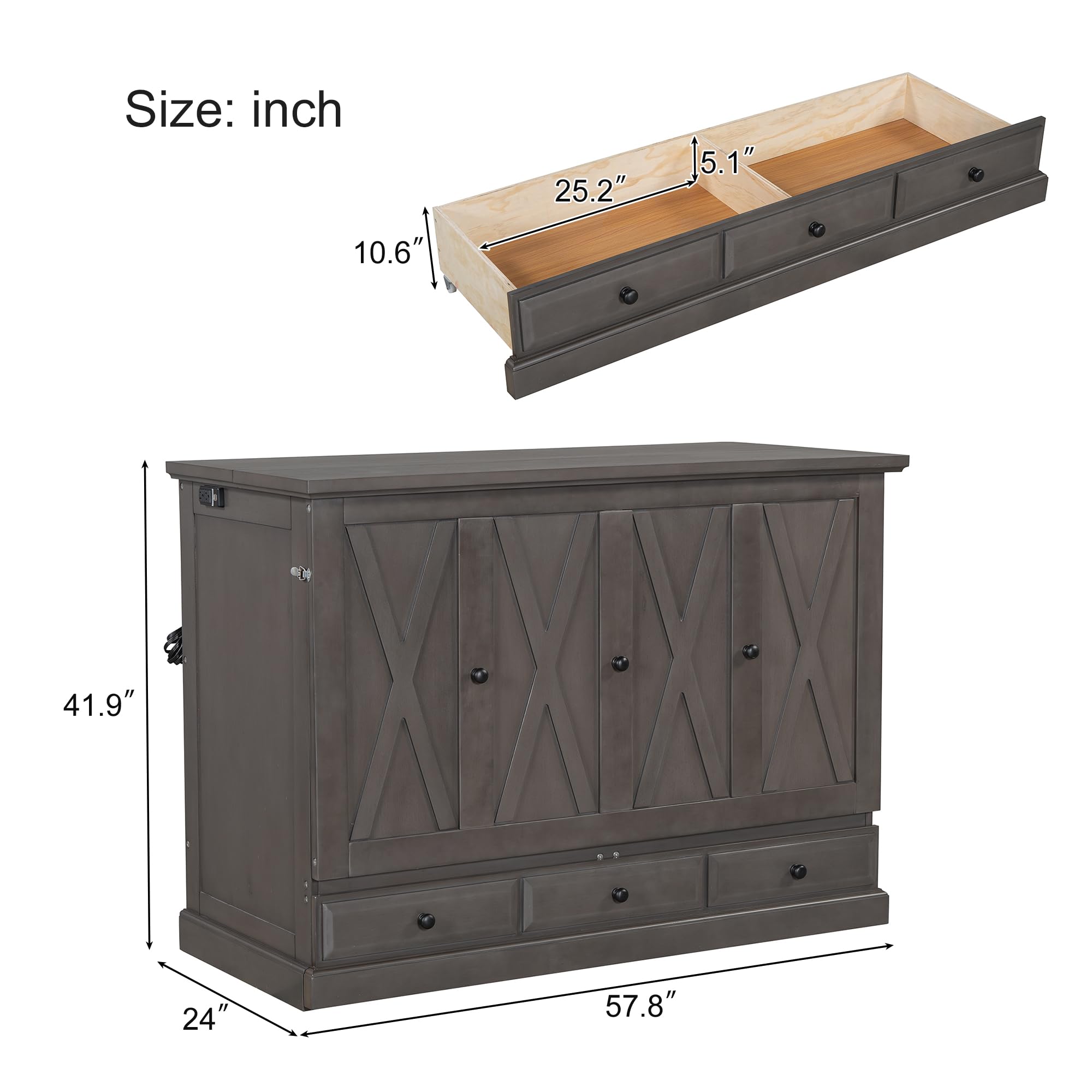 Tdewlye Full Size Murphy Bed, Solid Pine Murphy Bed Chest Cube Cabinet Bed with Charging Station and Large Storage Drawer for Home Office Or Small Room (Gray-j)