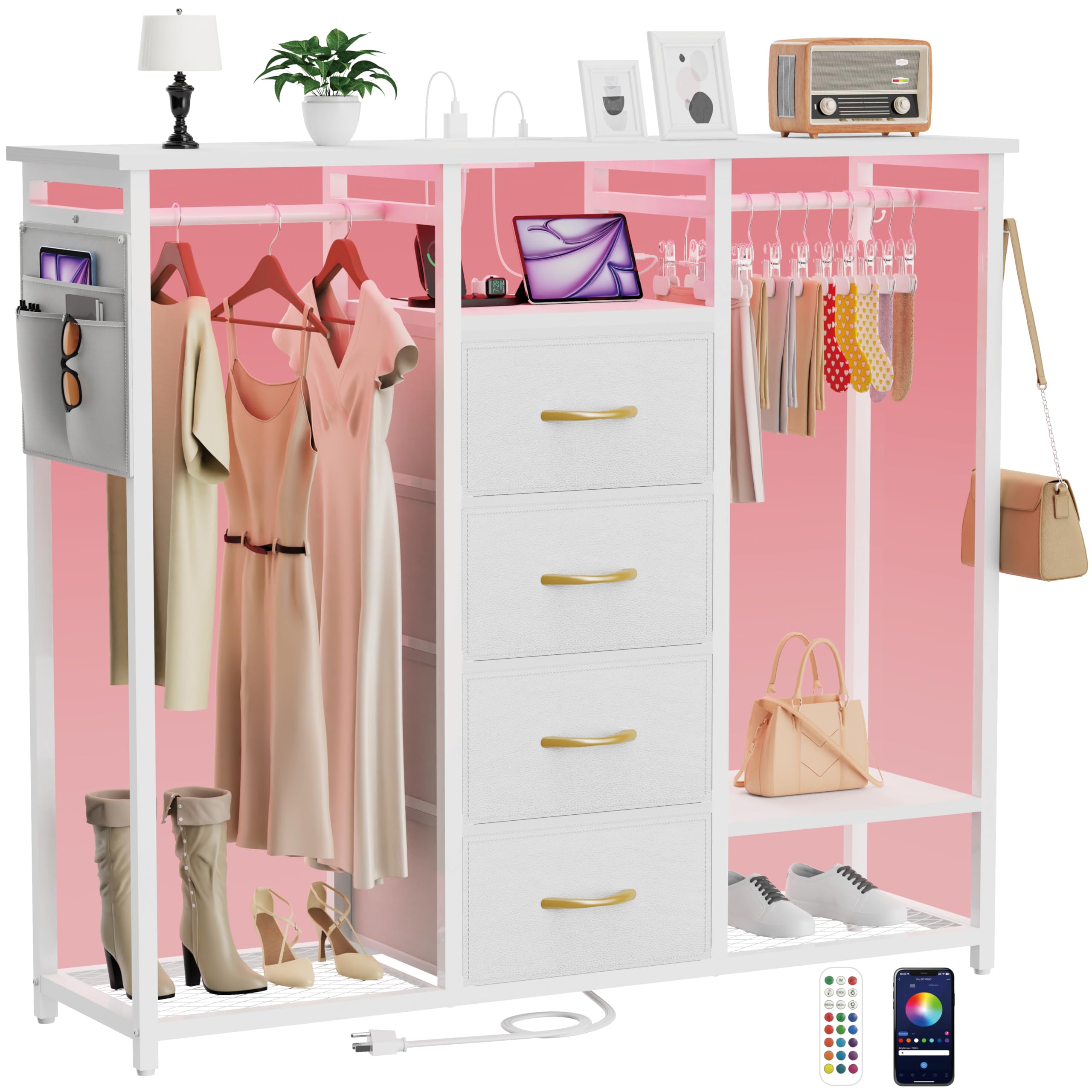 Dresser for Bedroom with 2 Clothes Racks,4 Drawer Dresser with Led Light and Charging Station,Wardrobe Dresser with Clothes Storage Chest Hanging Rack,Closet Dresser with Side Pocket and Hooks,White