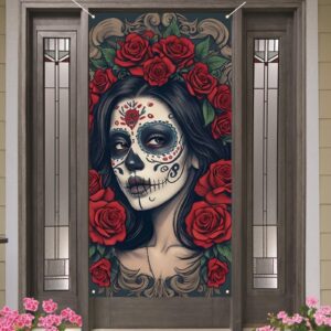 Dia De Los Muertos Door Cover Day of The Dead Porch Sign Banner Gothic Halloween Sugar Skull Marigold Flowers Decorations and Supplies for Home