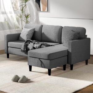 MUZZ 76'' Convertible Sectional Sofa Couch，Modern Linen Fabric Upholstered Couch with Storage Function Ottoman,3-Seat L-Shaped Couches for Living Room, Apartment, Office and Small Space（Dark Grey）