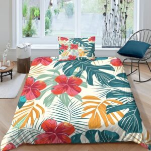 mlunkqail tropical leaves duvet cover queen floral duvet covers bedding set 3 pieces tropical leaves soft microfiber comforter cover 90"x90" and 2 pillow shams, with zipper closure