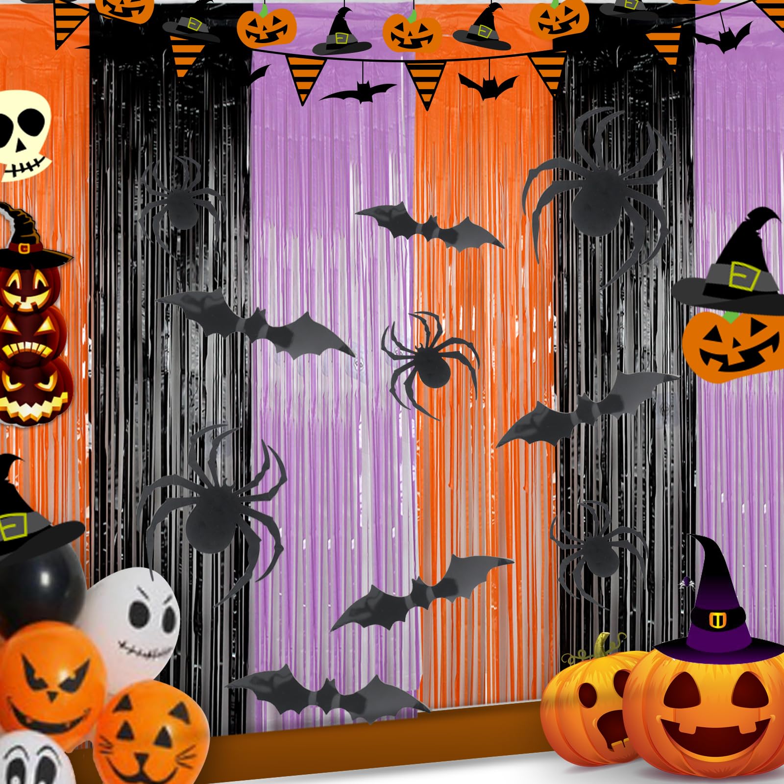 Halloween Party Decorations, 2 Pack Orange Purple Black Tinsel Foil Fringe Curtains, 3.3 x 6.6 FT Halloween Photo Booth Props,36 Pcs PVC Bat Spider Stickers Decals for Halloween Backdrop