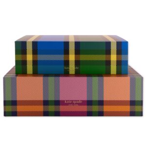 kate spade new york decorative storage boxes with lids, 2 pack sturdy organizer storage bins, includes medium and large nesting boxes with magnetic closure, grand plaid duo