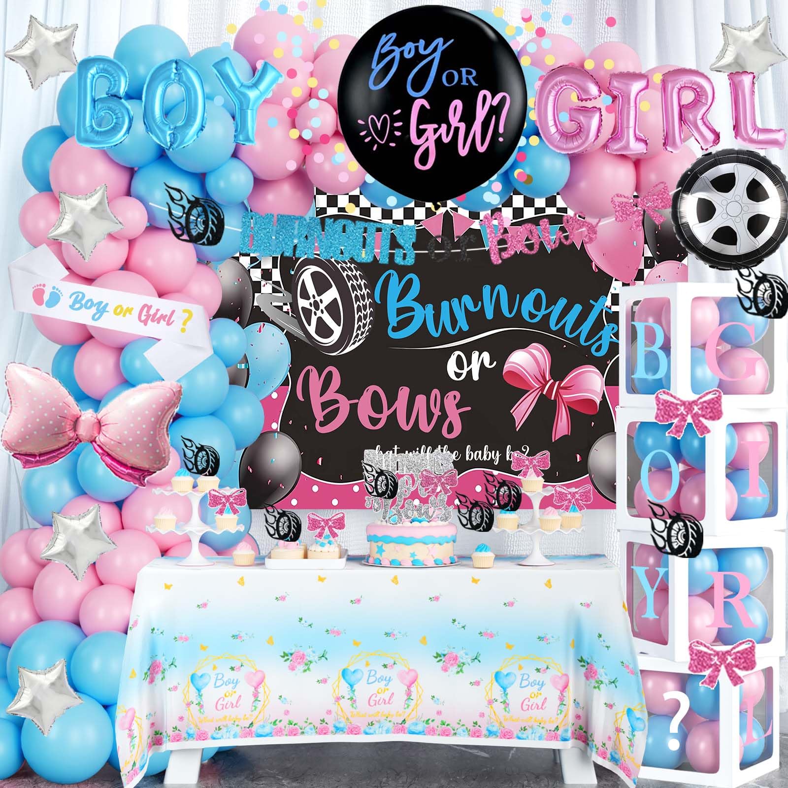 Fiesec Burnouts or Bows Gender Reveal Decorations, Baby Boy or Girl Gender Reveal Party Decorations, What Will the Baby Be Backdrop Balloon Banner Tablecloth Cake Cupcake Topper Box Sash Pink Blue