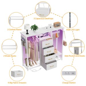 Dresser for Bedroom with 2 Clothes Racks,4 Drawer Dresser with Led Light and Charging Station,Wardrobe Dresser with Clothes Storage Chest Hanging Rack,Closet Dresser with Side Pocket and Hooks,White