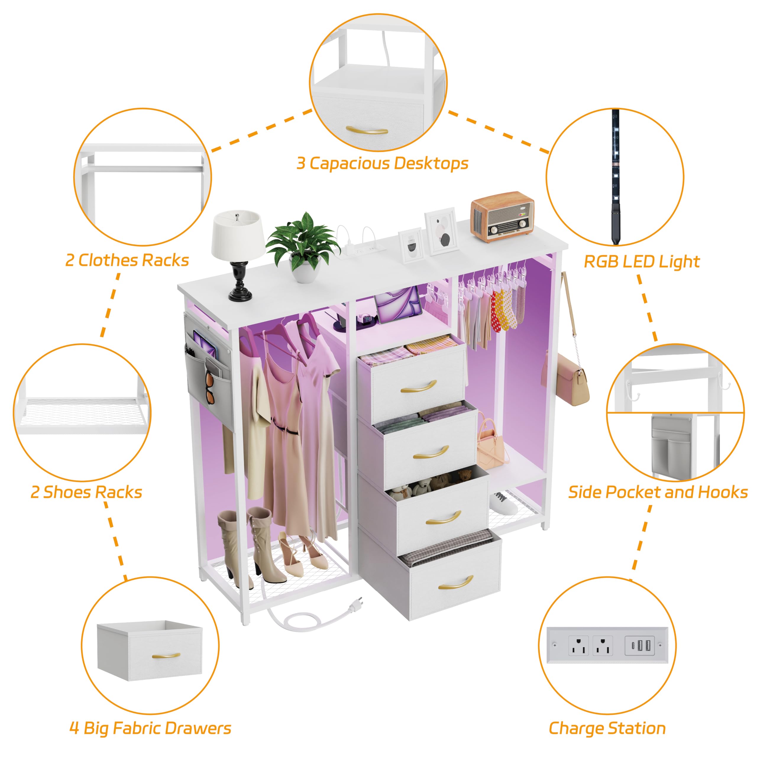 Dresser for Bedroom with 2 Clothes Racks,4 Drawer Dresser with Led Light and Charging Station,Wardrobe Dresser with Clothes Storage Chest Hanging Rack,Closet Dresser with Side Pocket and Hooks,White