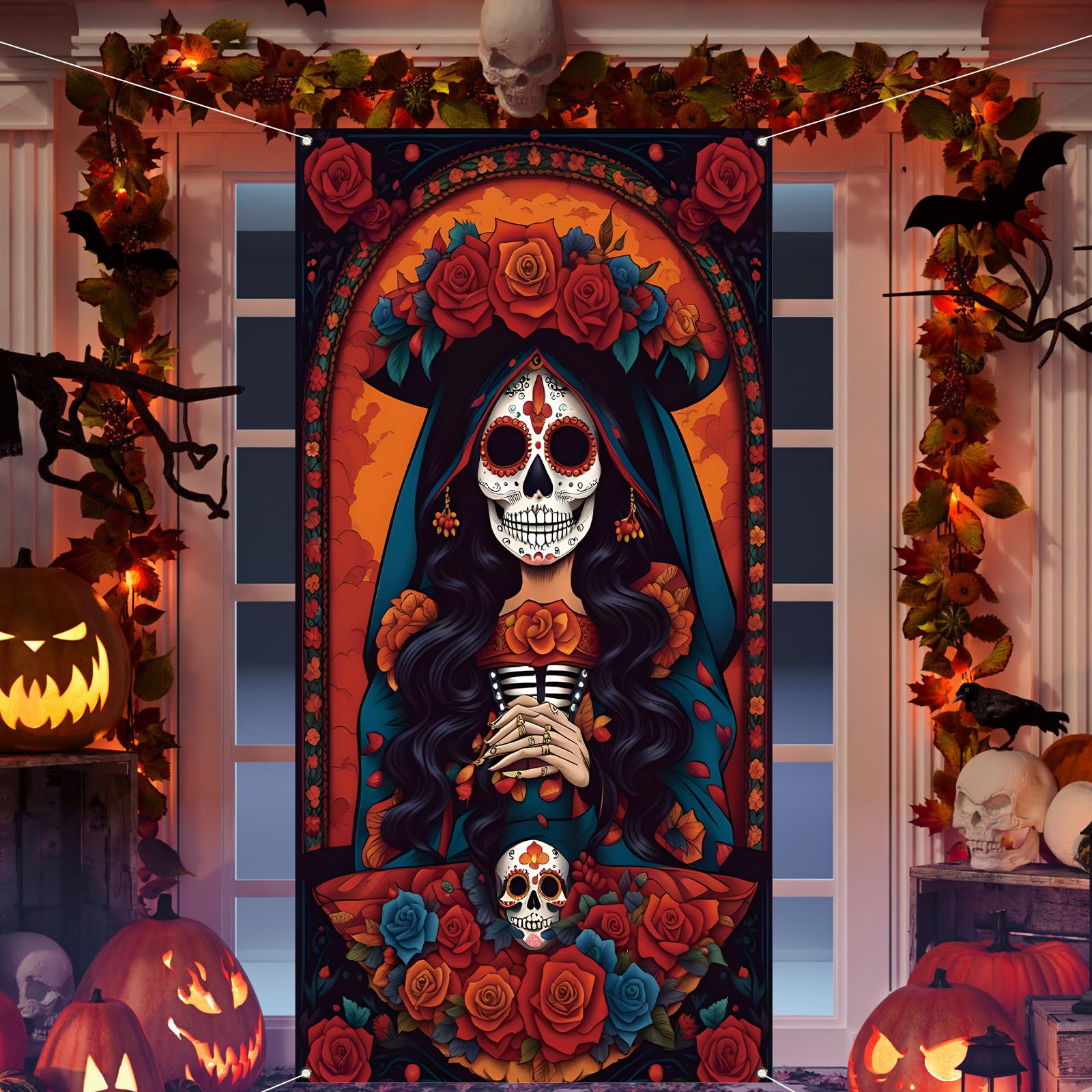 Day of The Dead Door Cover Dia De Los Muertos Backdrop Sugar Skull Rose Altar Mexican Fiesta Party Decorations and Supplies for Home