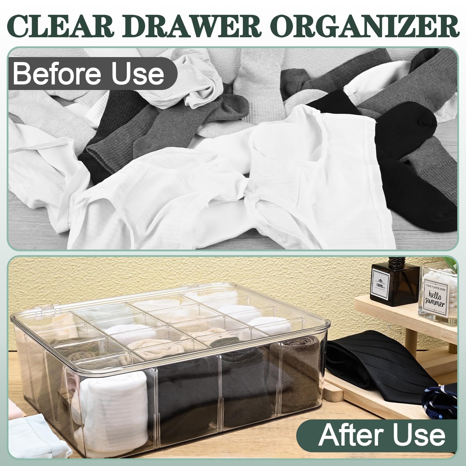 Hiitytin Socks Bra Underwear Drawer Organizer for Closet, Plastic Storage Box with 16 Removable Compartments and Lid, Clear Dresser Drawer Organizer Storage Container with Dividers for Sock Ties Belts