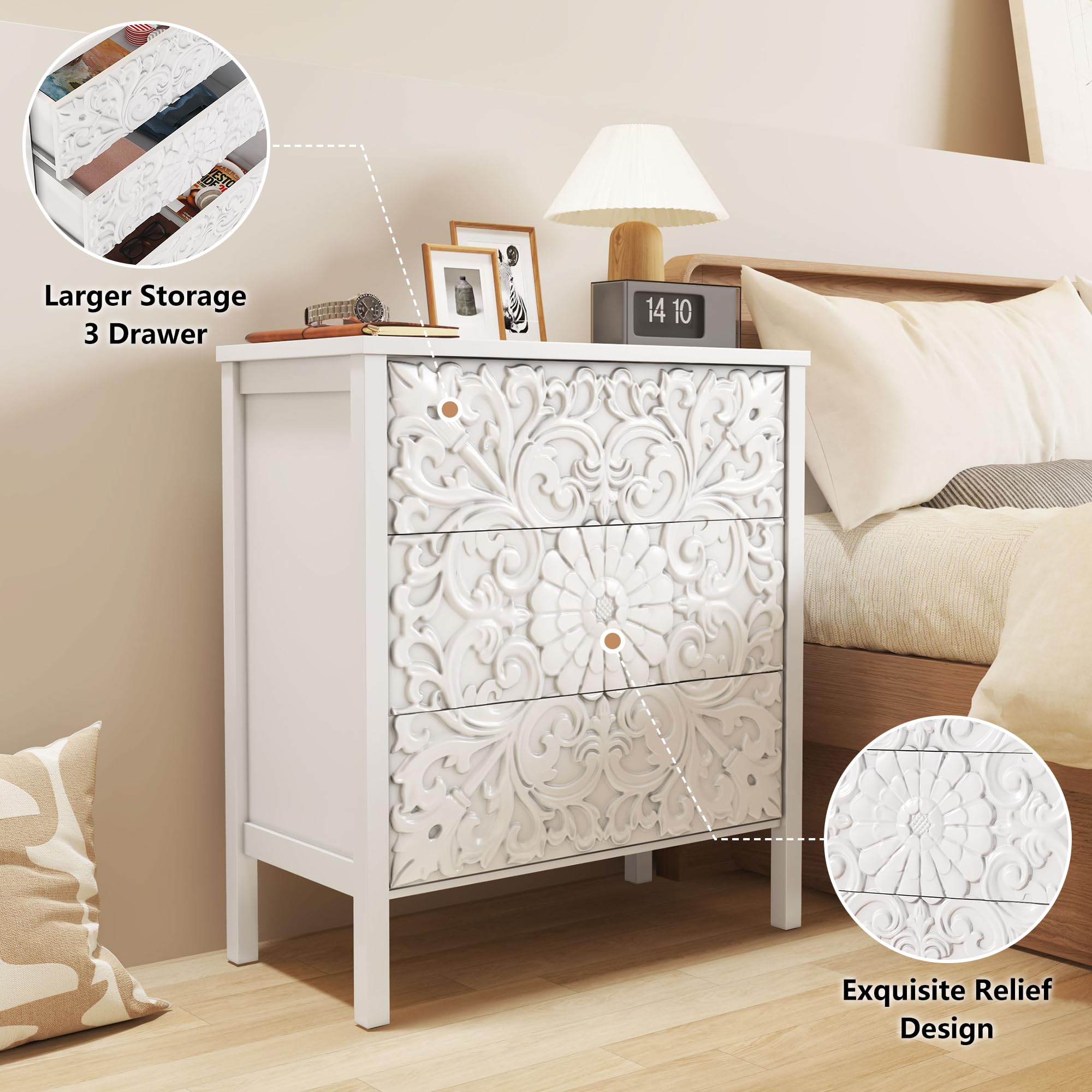 PHOYAL 3-Drawer Dresser Chest, Modern Wooden Flower Motif Dresser with Wide Storage Space Chest of Drawers Bedside Nightstand Dresser Closet for Living Room Bedroom, Hallway (White)