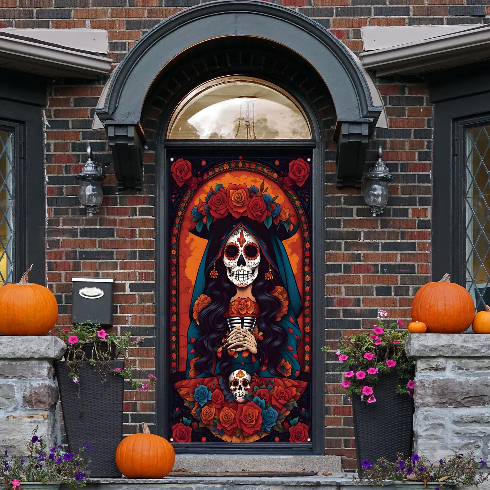 Day of The Dead Door Cover Dia De Los Muertos Backdrop Sugar Skull Rose Altar Mexican Fiesta Party Decorations and Supplies for Home