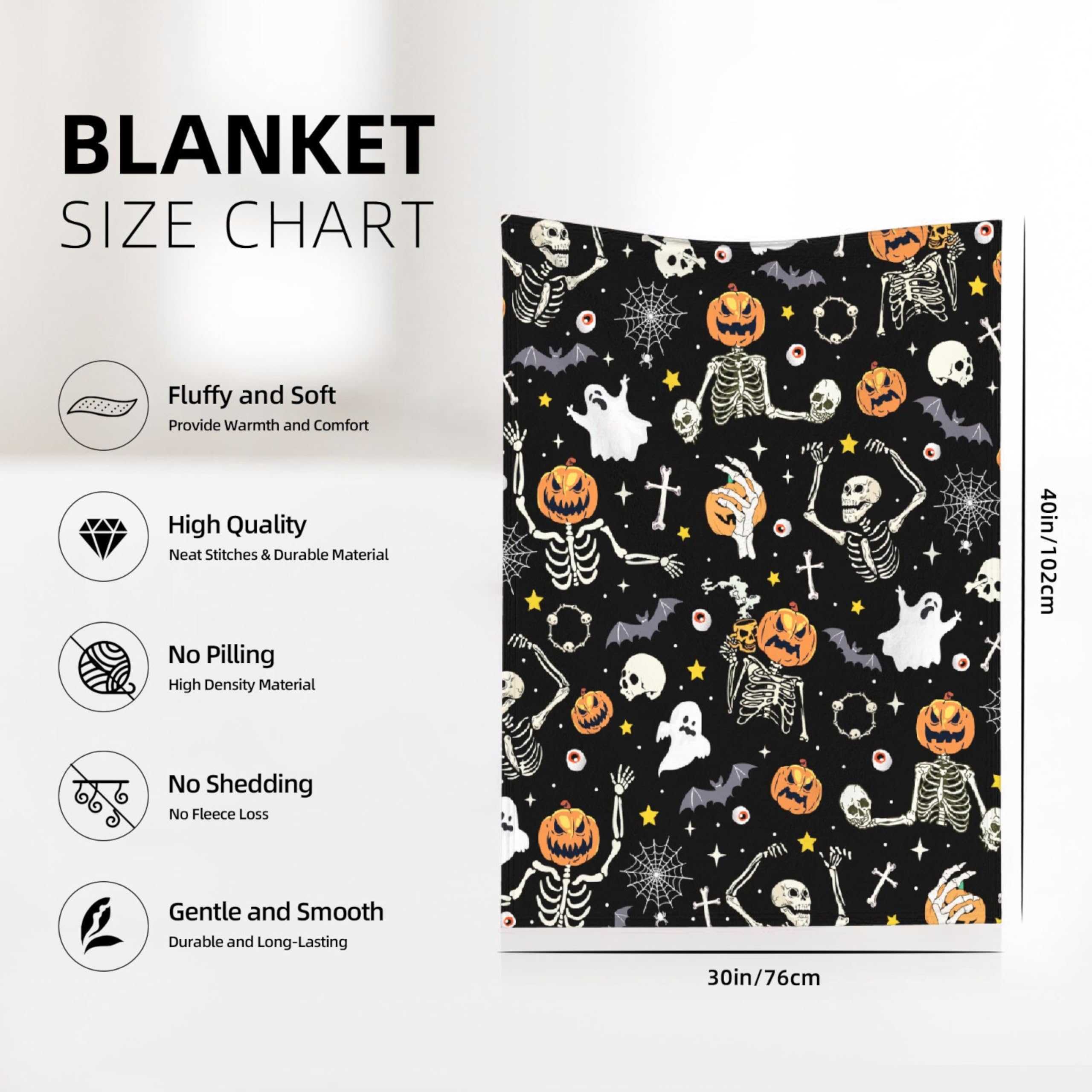 Skeleton Halloween Pumpkin Blanket Gifts for Kids Boys - Funny Skeleton Face Spooky Ghost Spider Webs Bats Halloween Birthday Party Favor Decorations - Super Cozy Flannel Sheet Sofa Decor - 40" X 30"