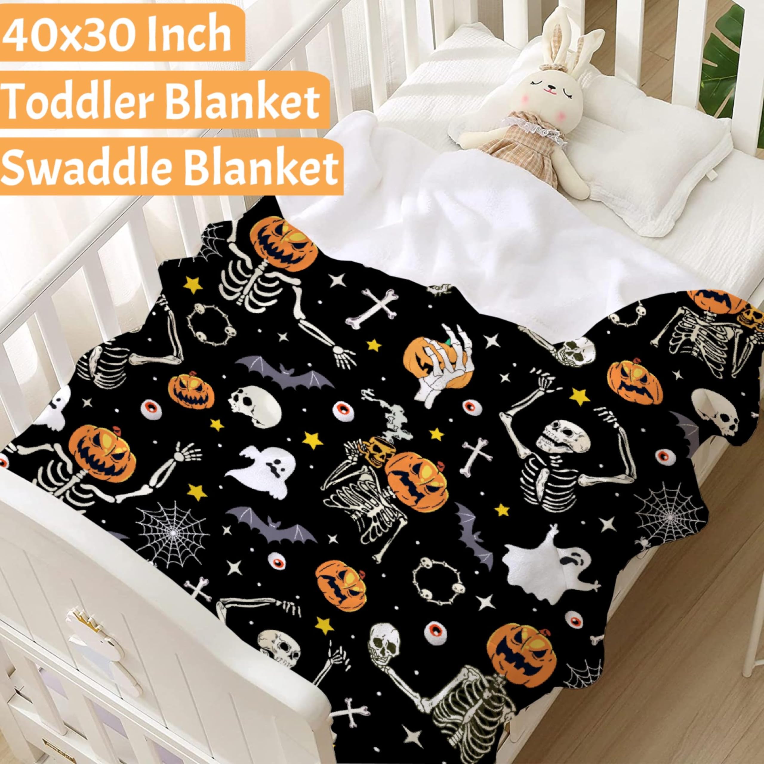 Skeleton Halloween Pumpkin Blanket Gifts for Kids Boys - Funny Skeleton Face Spooky Ghost Spider Webs Bats Halloween Birthday Party Favor Decorations - Super Cozy Flannel Sheet Sofa Decor - 40" X 30"