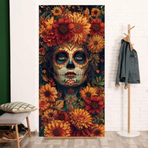 Dia De Los Muertos Door Cover Day of The Dead Porch Sign Banner Gothic Halloween Sugar Skull Marigold Flowers Decorations and Supplies for Home