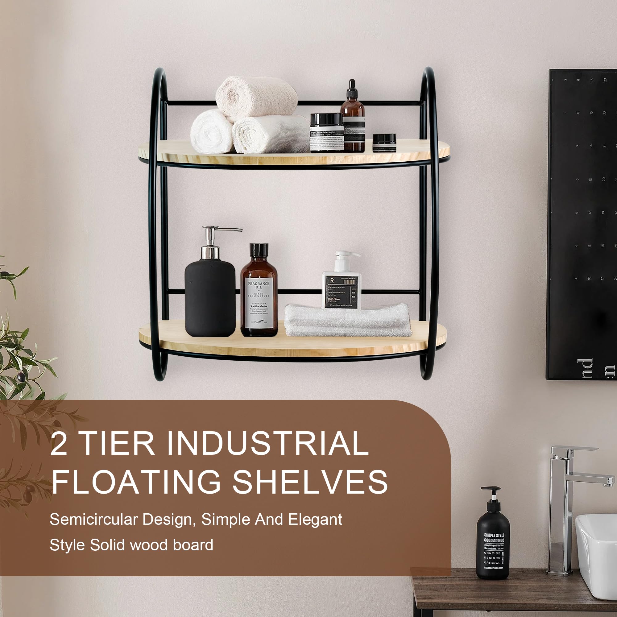 HCODCIBA Industrial Wall Shelves 19.7 x 17.3 Inch Floating Shelves for Bathroom Wood Located Above The Toilet Storage 2 Tier Bathroom Shelf Wall Mounted