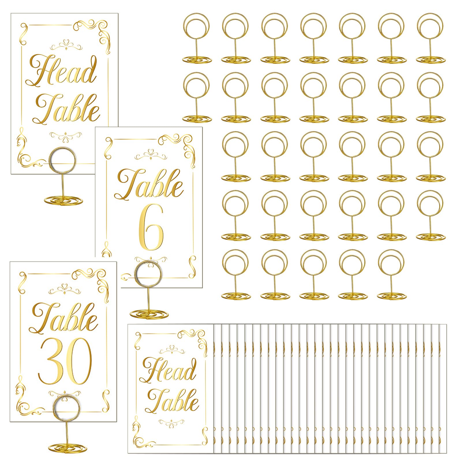 ZhouBoat 31 Sets Gold White Table Number Cards with Holders, 1-30 and Head Table Holder Wedding Table Numbers Stand Place Card for Restaurants Party Centerpieces