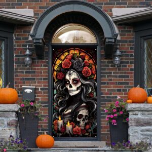 Day of The Dead Door Cover Dia De Los Muertos Backdrop Sugar Skull Rose Altar Mexican Fiesta Party Decorations and Supplies for Home