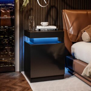 oneinmil Nightstand Set of 2, LED Nightstand with One Cabinet, Bedside Table with LED Lights, Modern End Side Table for Bedroom, Black