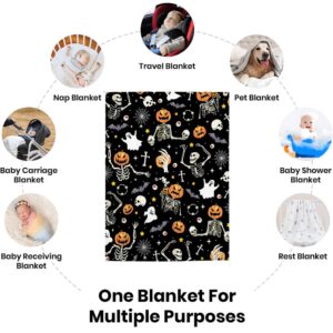 Skeleton Halloween Pumpkin Blanket Gifts for Kids Boys - Funny Skeleton Face Spooky Ghost Spider Webs Bats Halloween Birthday Party Favor Decorations - Super Cozy Flannel Sheet Sofa Decor - 40" X 30"