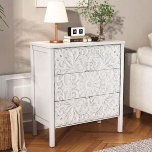 PHOYAL 3-Drawer Dresser Chest, Modern Wooden Flower Motif Dresser with Wide Storage Space Chest of Drawers Bedside Nightstand Dresser Closet for Living Room Bedroom, Hallway (White)