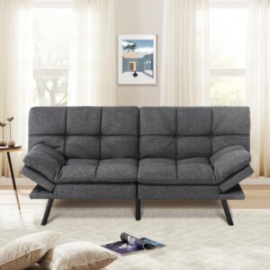 MUUEGM Futon Sofa Bed, Convertible Memory Foam Sofa Bed, Modern Love Seat Sofa Bed for Living Room, Office, Dormitory, Apartment, Adjustable Backrest & Armrests, (Linen Fabric, Dark Gray)