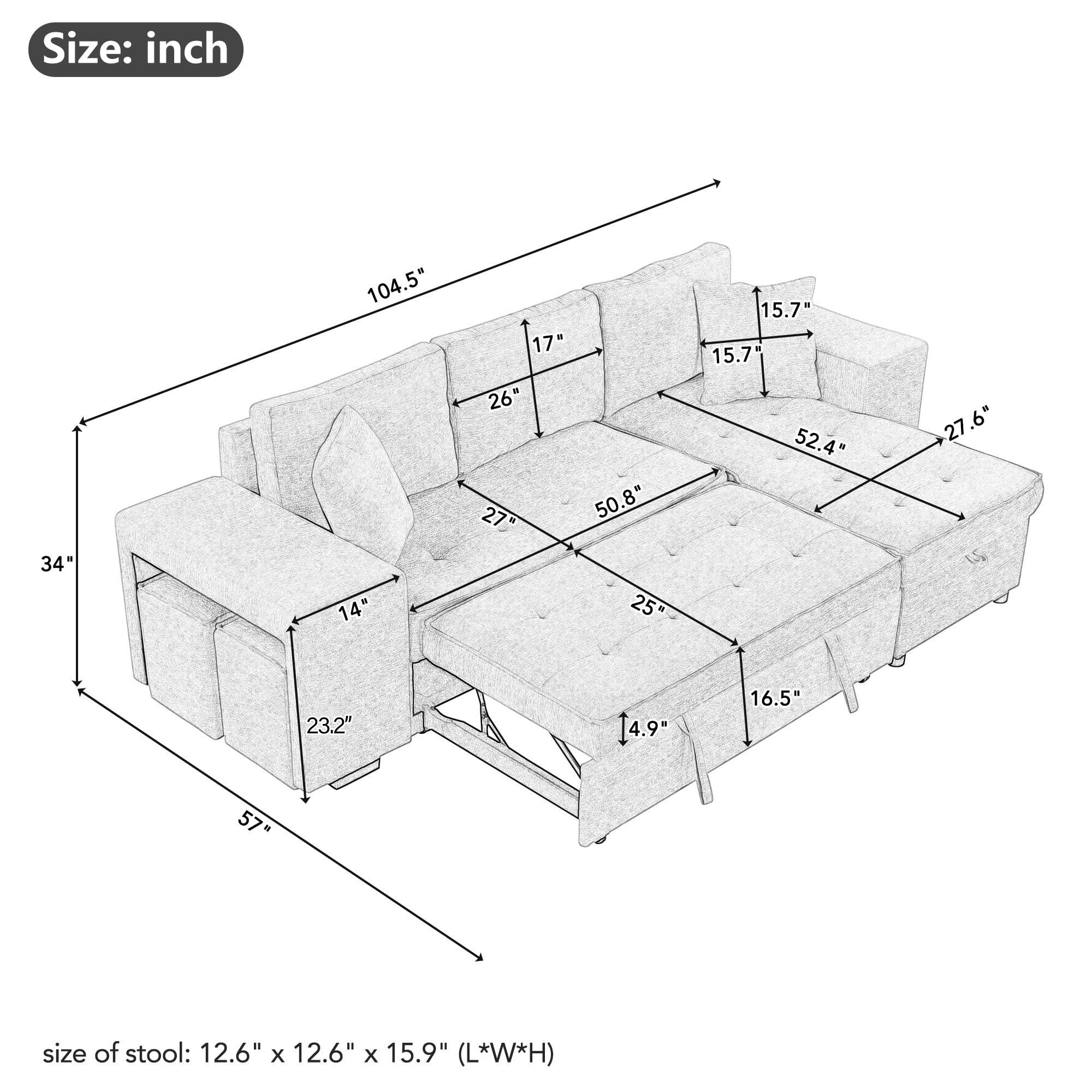 Merax 3 Seat Reversible Sectional Couch, Modern L-Shape Pull Out Sleeper Sofa with Storage Chaise and 2 Stools for Living Room Furniture Set, Gray