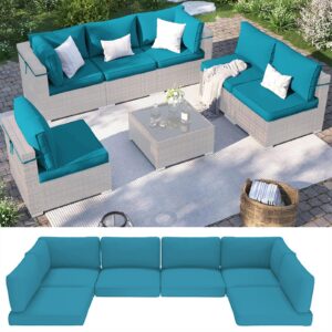 vketu outdoor sectional cushions, 14-piece sectional rattan conversation set, 4" deep waterproof patio furniture cushions replacement for 6-seat sectional patio conversation sets (lake blue)