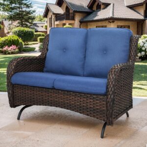 bellefurn patio loveseat wicker loveseat rattan glider sofa with curved armrest thicking back & seat cushions for garden balcony backyard brown wicker|blue cushions (a) patio loveseat glider