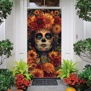 Dia De Los Muertos Door Cover Day of The Dead Porch Sign Banner Gothic Halloween Sugar Skull Marigold Flowers Decorations and Supplies for Home