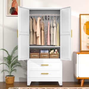 gaious metal wardrobe cabinet with hanging rod, 71" metal clothing storage cabinets with 2 door, 1 adjustable shelf and 2 drawers, steel armoire wardrobe closet for bedroom, gym, cloak room (white)