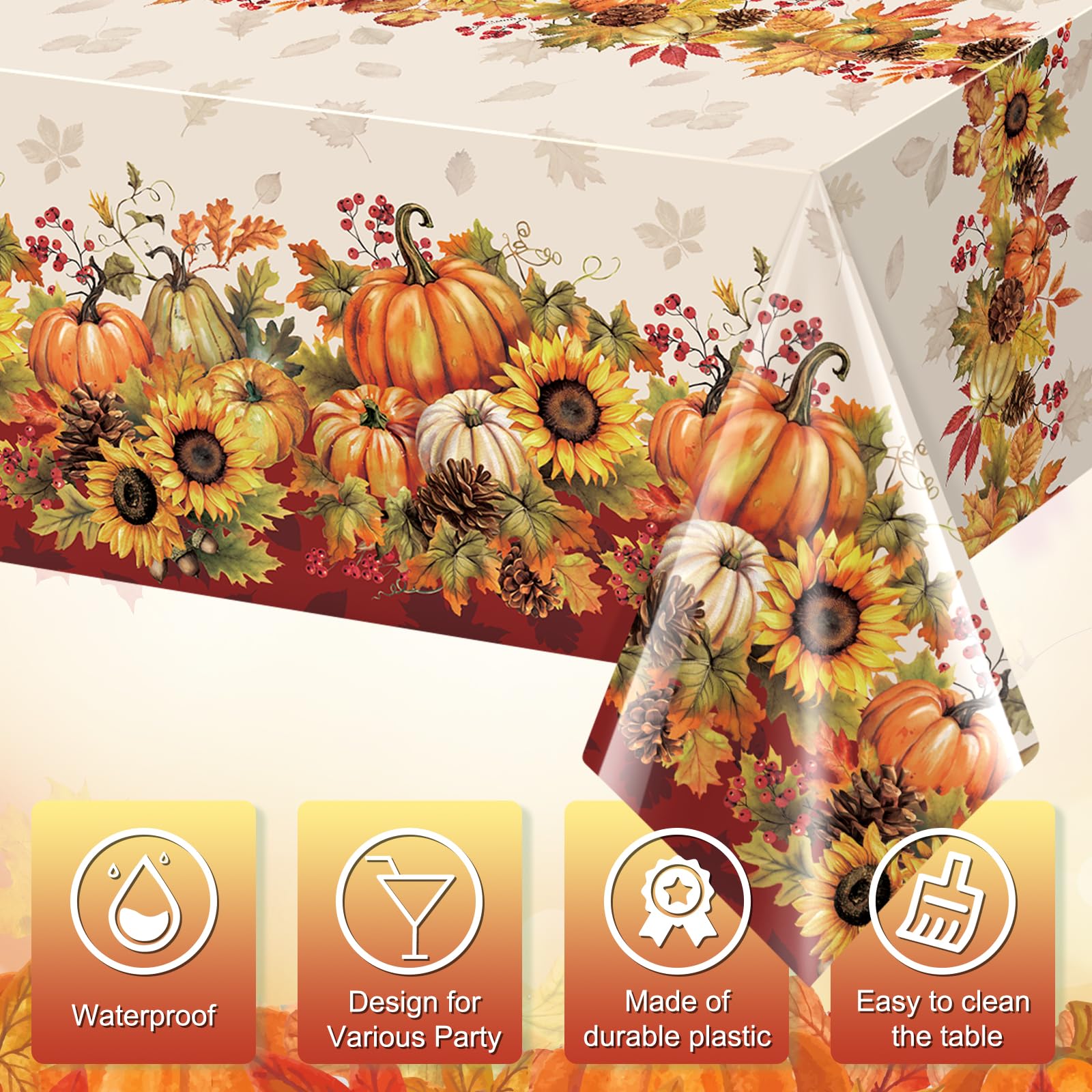 YIDAKO 3 Pack 108x54 inch Fall Tablecloths, Sunflower Pumpkin Tablecloth,Plastic Disposable Rectangle Table Cover for Autumn Harvest Thanksgiving Halloween Party Decorations