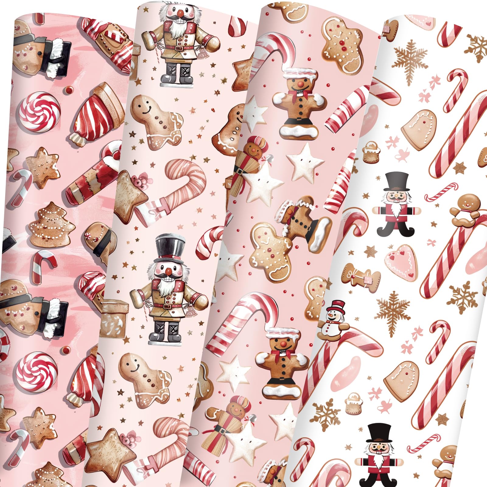 Vnaaem Pink Christmas Wrapping Paper with 4 Nutcracker Gingerbread Design for Christmas Holiday Party Celebration - 20 X 28Inches Per Sheet(8 Pack)