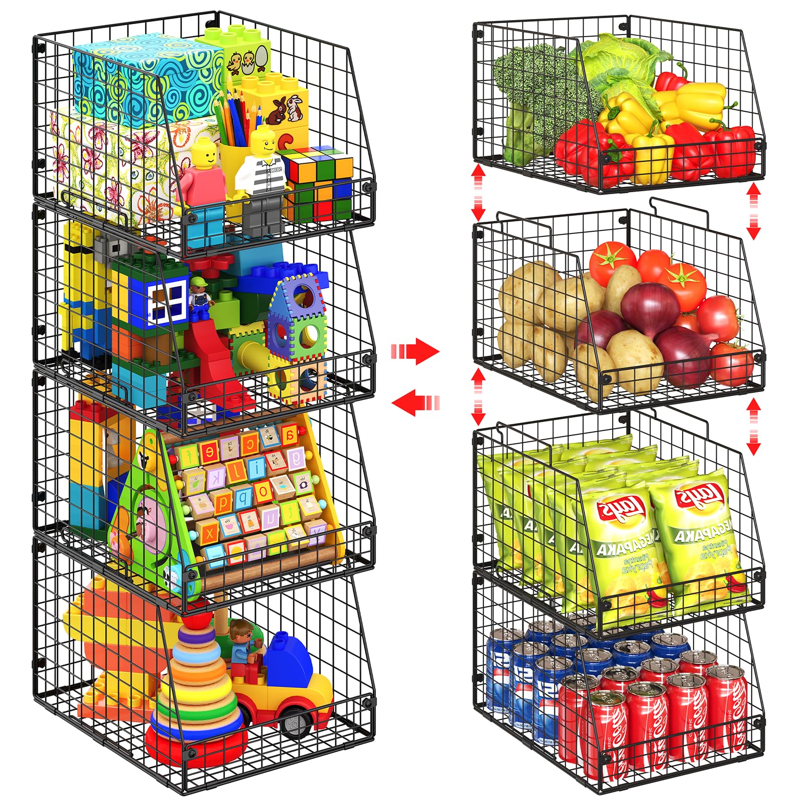 Jakyitvi 4 Pack XXL Stackable Wire Storage Basket, Extra Large Capacity Pantry Organizer and Storage, Muti-Purpose for Fruit Vegetable Basket & Toy Storage Organizer & Snack Organizer