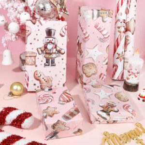 Vnaaem Pink Christmas Wrapping Paper with 4 Nutcracker Gingerbread Design for Christmas Holiday Party Celebration - 20 X 28Inches Per Sheet(8 Pack)