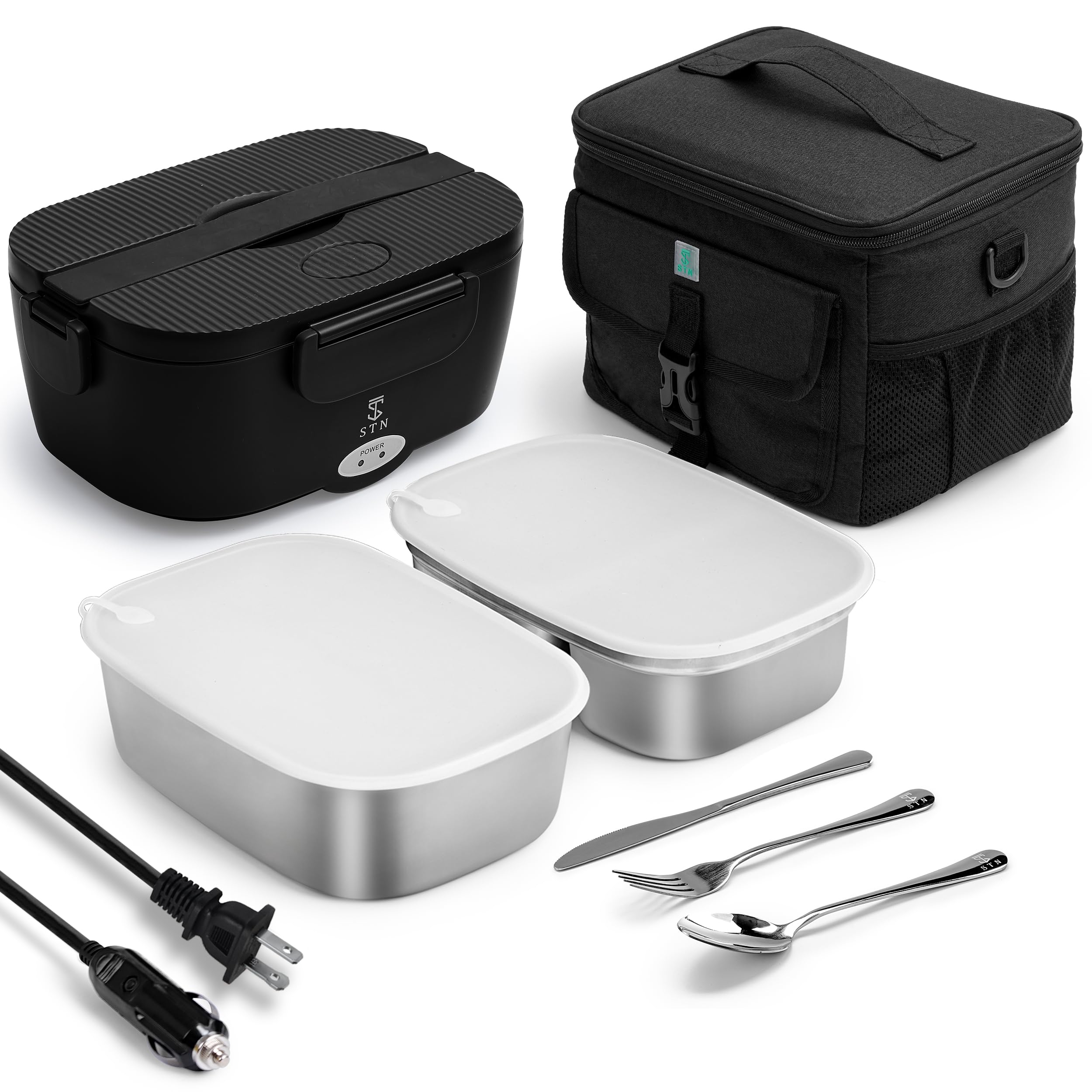 STN Electric Lunch Box 80w Heated Lunchbox For Adults,12/24/110V Warming Lunchbox for Car/Truck/Office with 2x1.5L Stainless Steel Containers,10L Insulated Bags,Big Cutlery Set