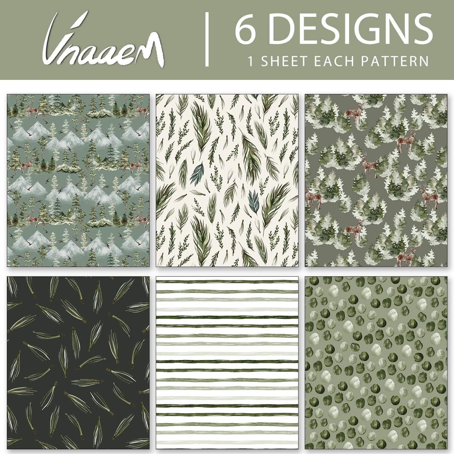 Vnaaem Forest Green Wrapping Paper - 6 Various Watercolor Woodland Reindeer Leaves and Tree Design Gift Wrap for Christmas Holiday Wedding Baby Shower Celebration - 20 X 28Inches Per Sheet(6 Pack)