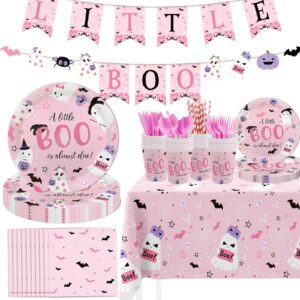 mehofond pink halloween baby shower decorations for girl, little boo disposable dinnerware with banner, ghost bat pumpkin baby shower plates and napkins set, paper plates cups party supplies, serve 24