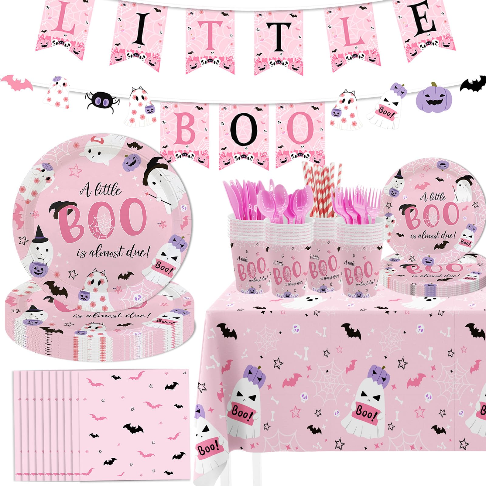 MEHOFOND Pink Halloween Baby Shower Decorations for Girl, Little Boo Disposable Dinnerware with Banner, Ghost Bat Pumpkin Baby Shower Plates and Napkins Set, Paper Plates Cups Party Supplies, Serve 24