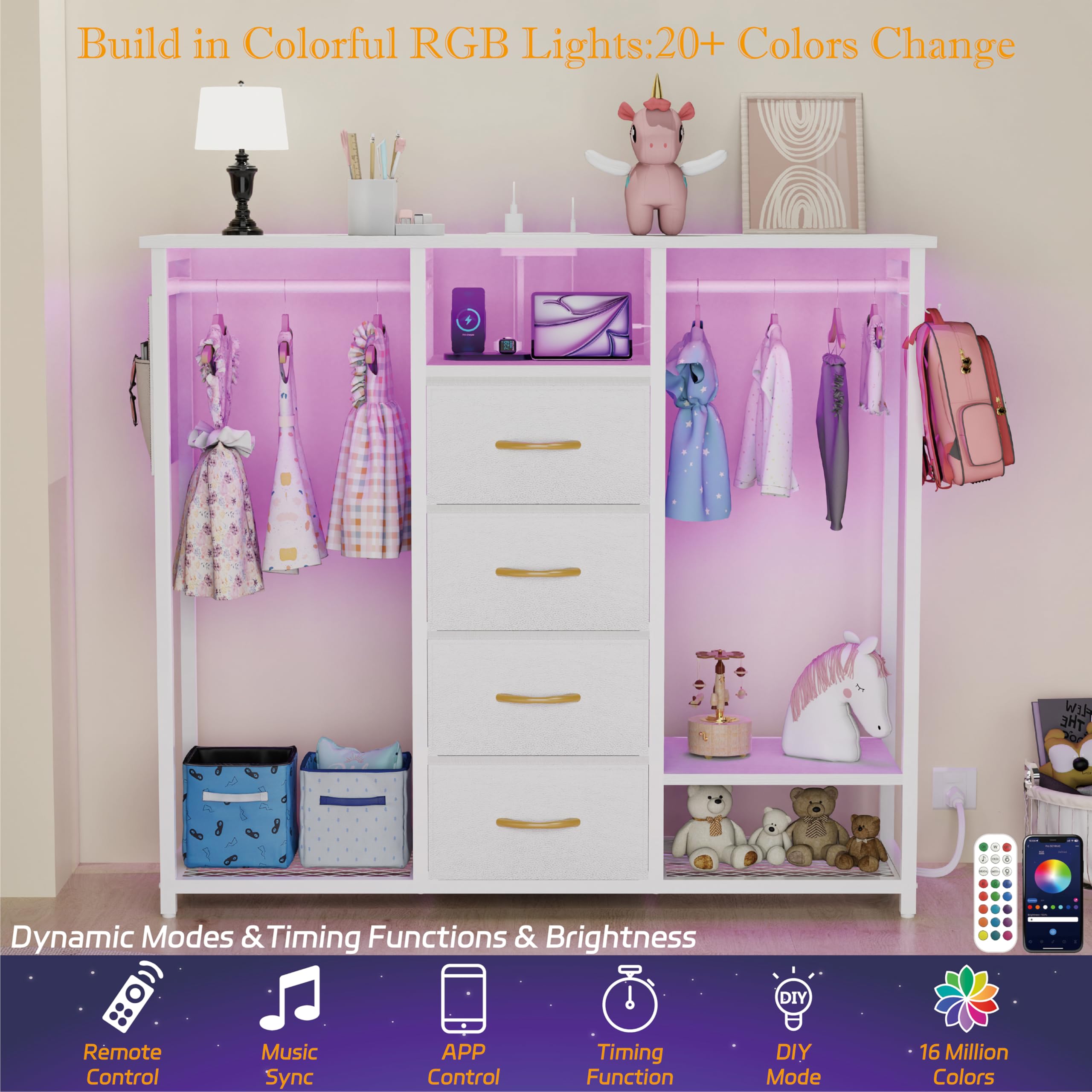 Dresser for Bedroom with 2 Clothes Racks,4 Drawer Dresser with Led Light and Charging Station,Wardrobe Dresser with Clothes Storage Chest Hanging Rack,Closet Dresser with Side Pocket and Hooks,White