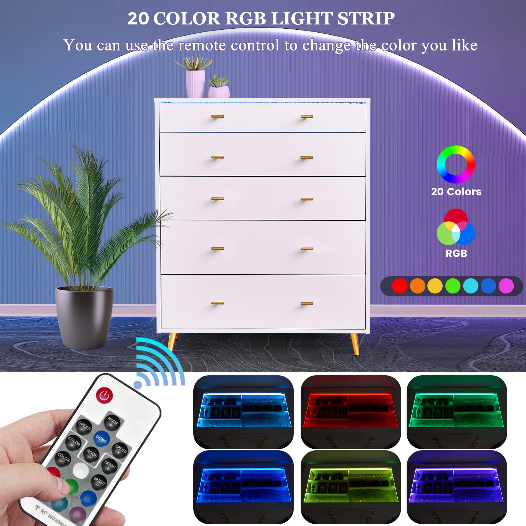 JanflyHome 5 Drawer Dresser for Bedroom Tall, Glass Dresser with 20 Colors LED Lights, Wardrobe Closet Island as Jewelry Organize, Jewelry Dresser Display, White