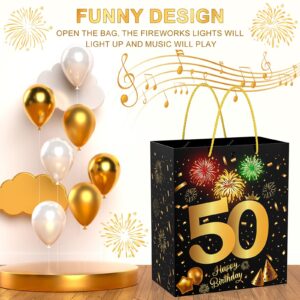 VANSHINIEER 50th Birthday Gift Bag with Fireworks Light and Music, Large Size Black Gold Gift Wrap Bag with Handles for 50th Birthday Party Decorations Supplies