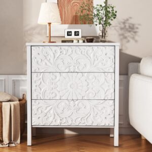 PHOYAL 3-Drawer Dresser Chest, Modern Wooden Flower Motif Dresser with Wide Storage Space Chest of Drawers Bedside Nightstand Dresser Closet for Living Room Bedroom, Hallway (White)