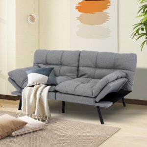 muuegm convertible futon sofa bed, comfy loveseat sleeper sofa with adjustable backrest &armrest, strengthen wood, small 2 seater couch for living room, bedroom（light grey,fabric）