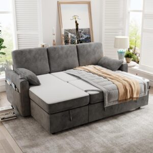 kkl sofa bed couch with storage chaise, 85'' pull out couch, sleeper sofa couch with pull out bed, convertible sectional couch, couch bed sofa pull out, couches for living room, chenille, dark grey