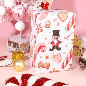 Vnaaem Pink Christmas Wrapping Paper with 4 Nutcracker Gingerbread Design for Christmas Holiday Party Celebration - 20 X 28Inches Per Sheet(8 Pack)