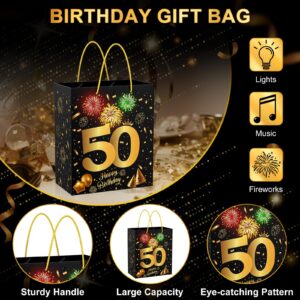 VANSHINIEER 50th Birthday Gift Bag with Fireworks Light and Music, Large Size Black Gold Gift Wrap Bag with Handles for 50th Birthday Party Decorations Supplies