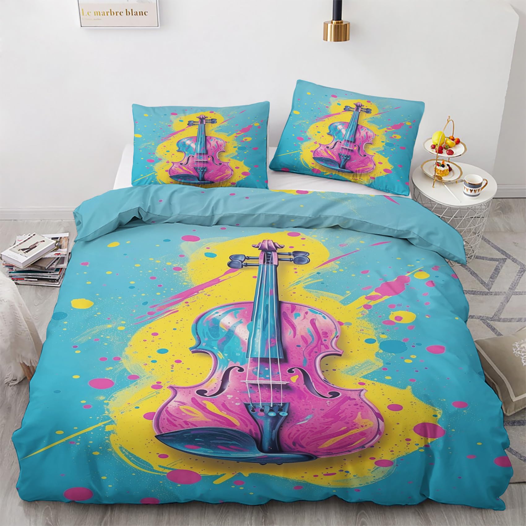 PolXmyxor Graffiti Violin Duvet Cover Full, Soft Microfiber 3 Pieces, Music Themed Bedding Set with Zipper, Bedding for All Seasons, Classic Music Comforter Cover with 2 Pillow Shams, 80"x90"