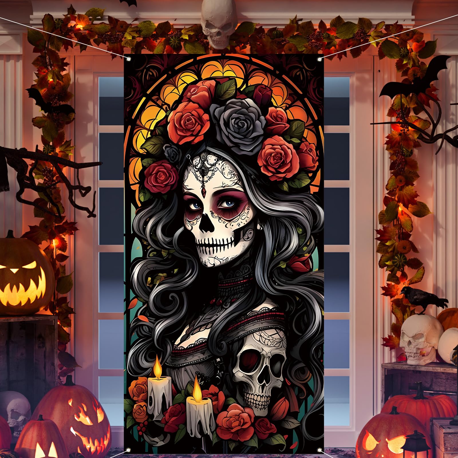 Day of The Dead Door Cover Dia De Los Muertos Backdrop Sugar Skull Rose Altar Mexican Fiesta Party Decorations and Supplies for Home