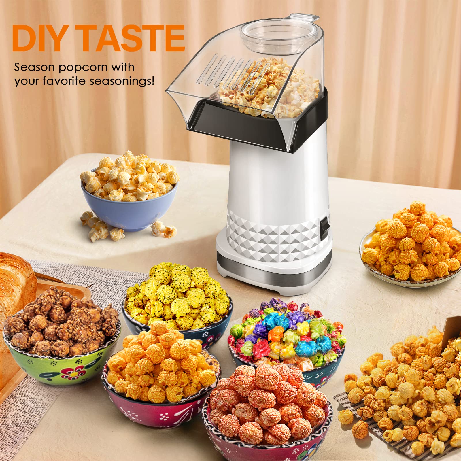 Vminno Quick & Easy Hot Air Popcorn Popper Maker with Measuring Cup + Melts Butter, 4.5 Quarts, Etl Certified, No Oil Electric Popcorn Machine with On/Off Switch for Family Movie Nights (White)