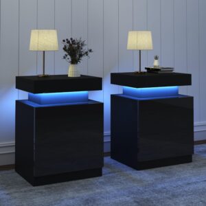 oneinmil nightstand set of 2, led nightstand with one cabinet, bedside table with led lights, modern end side table for bedroom, black