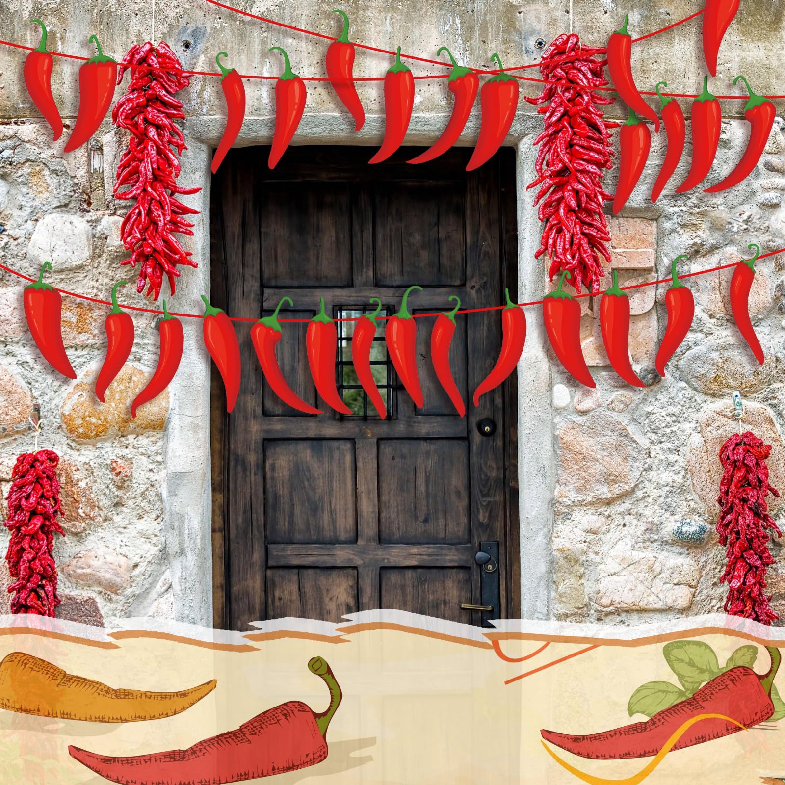 Weekgrat 5 Pcs Chili Pepper Banner 49 ft Chili Cook Off Pepper Garlands Decorations Chili Pepper Birthday Decorations for Cinco De Mayo Mexican Fiesta Hanging Party Accessories